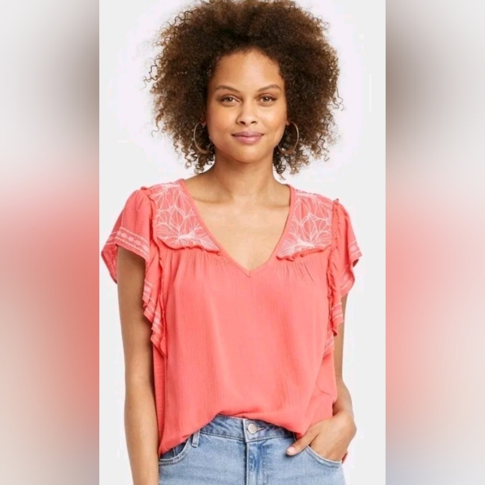 Knox Rose Women's Flutter Short Sleeve Embroidered Top XXL New without Tags